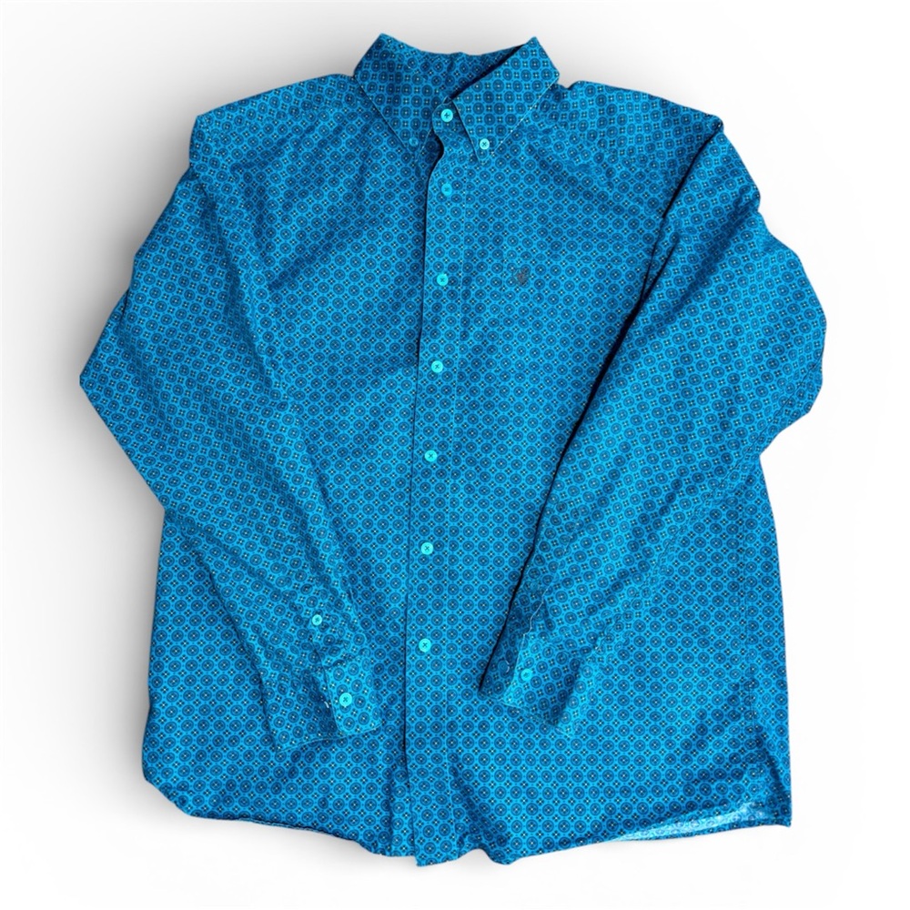ARIAT Western Button Up Shirt Men’s Large Teal Turquoise Long Sleeve Aztec